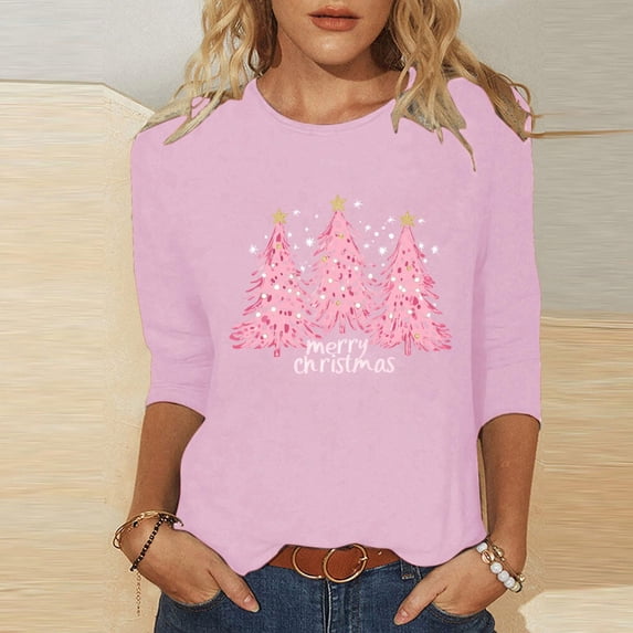 Cadancy Christmas 3/4 Sleeve T Shirts for Women Party Dressy Crewneck Tops Casual Funny Xmas Tree Print Plus Size Blouses Holiday Winter Vintage Shirt