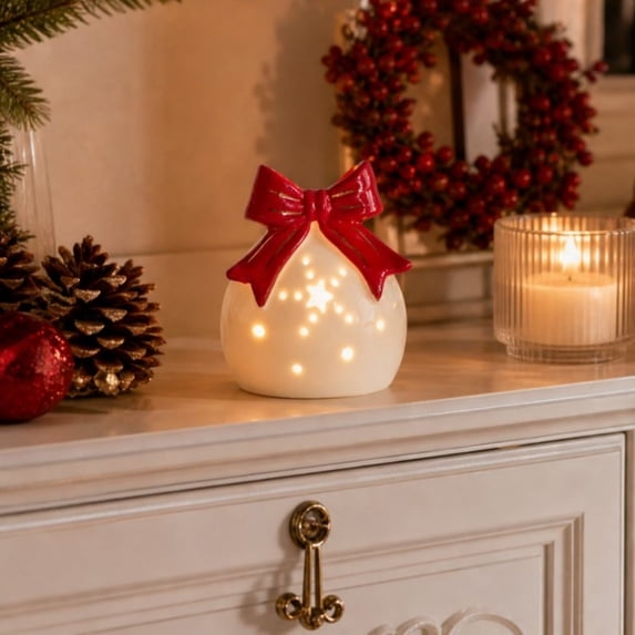 Cadancy Christmas Ceramic Lamp Tabletop Illuminated Bow Ball Figurines for Indoor Mantle Shelf Desk Holiday Seasonal Home Decor Party Supplies Night Glow Bedroom Decorations Gift