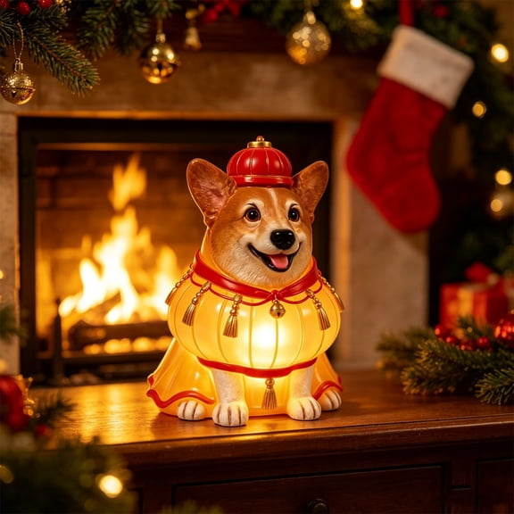 Cadancy Christmas Dog Figurine Lantern Corgi Resin Statue Built In Warm Light Puppy Tabletop Decor Ornament for Mantel Table Shelf Holiday Winter Home Decoration Gift