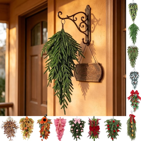 Cadancy Christmas Garland Artificial Pines Teardrop Swag Faux Cedar Fir Branches Wall Hanging for Fireplace Mantle Door Holiday Winter Home Decor