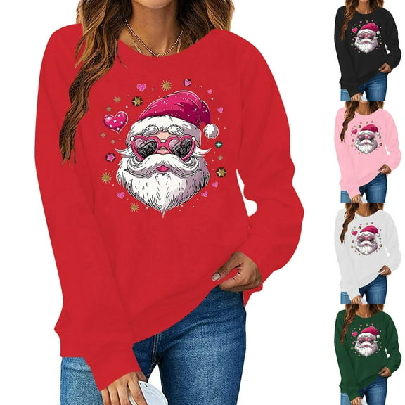 Cadancy Christmas Shirts for Women 2025 Trendy Long Sleeve Pullover Cute Santa Claus Print Sweatshirts Crewneck Funny Xmas Holiday Party Tops Loose Winter Clothes