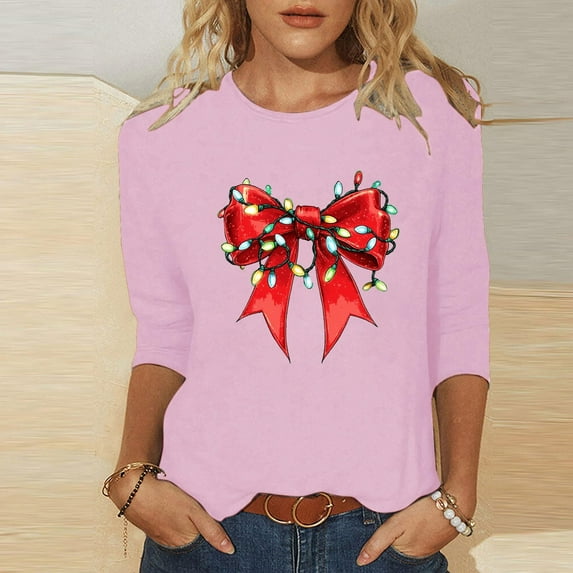 Cadancy Christmas Shirts for Women Casual 3/4 Sleeve Funny Bow Print Blouses Dressy Vintage Plus Size Holiday Tshirts Party Winter Crew Neck Xmas Tops