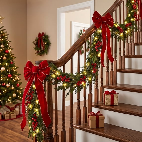 Cadancy Christmas Staircase Garland with Lights Red Bow Decoration Battery Operated Pine Swag Indoor Outdoor Railing Banister Winter Holiday Party Supplies Festive Home Decor