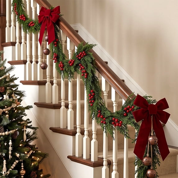 Cadancy Christmas Staircase Garland Red Bow Decoration Pine Swag Indoor Outdoor Railing Banister Winter Holiday Party Supplies Festive Home Decor