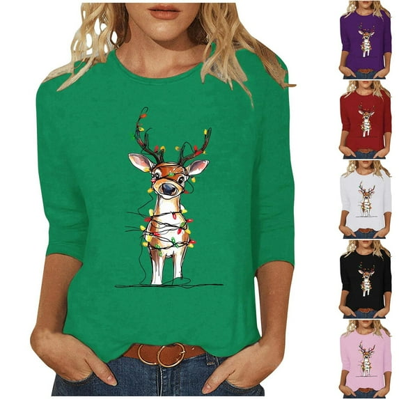 Cadancy Christmas T Shirts for Women Plus Size Holiday Vintage Dressy Blouses Xmas Cute Print Party Casual Blouse 3/4 Sleeve Funny Crewneck Winter Tops
