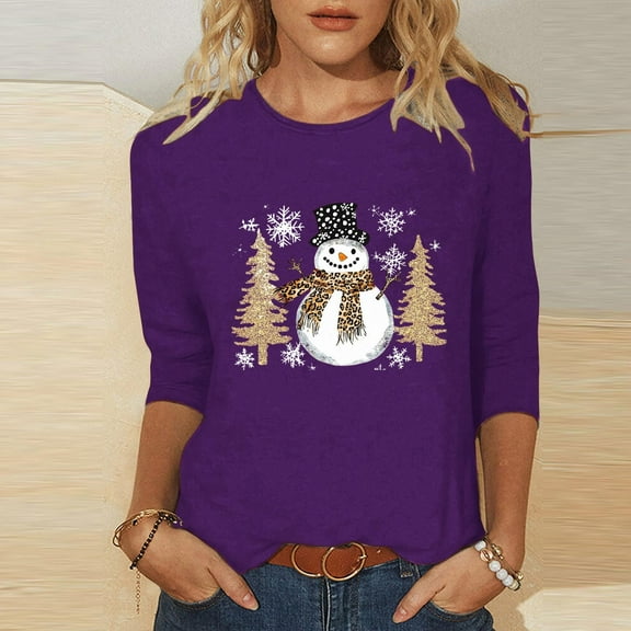 Cadancy Christmas Tops for Women 2025 Dressy Vintage 3/4 Sleeve Blouses Winter Holiday Xmas Tree Snowman Plus Size Shirts Funny Crewneck Party Casual Tshirts