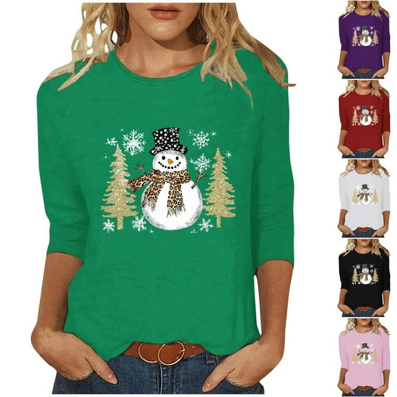 Cadancy Christmas Tops for Women 2025 Dressy Vintage 3/4 Sleeve Blouses Winter Holiday Xmas Tree Snowman Plus Size Shirts Funny Crewneck Party Casual Tshirts