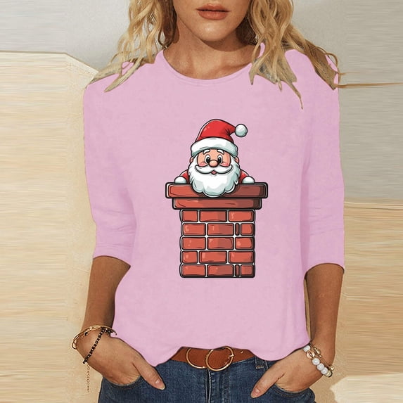 Cadancy Christmas Tops for Women 2025 Party Santa Crewneck 3/4 Sleeve Blouse Plus Size Vintage Casual Holiday Blouses Xmas Dressy Winter Funny Shirts