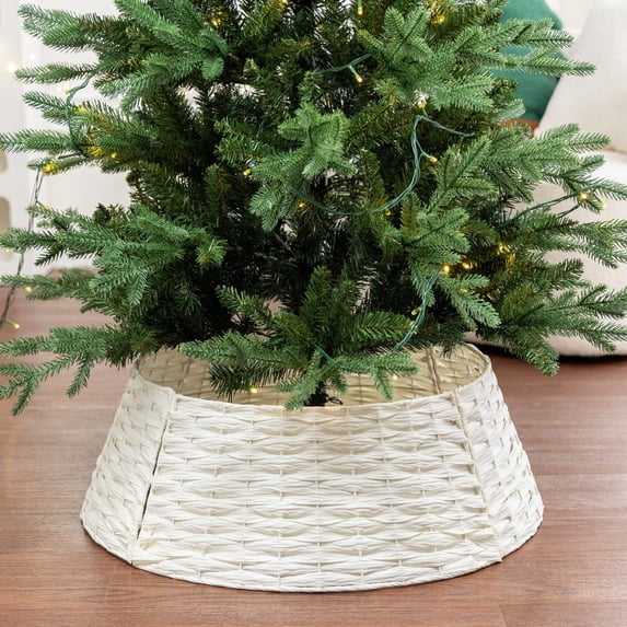 Cadancy Christmas Tree Collar Woven Basket Base Rustic Farmhouse Holiday Handmade Willow Ring Skirt Celebration Indoor Xmas Stand Cover Floor Accent for Living Room Home Party Decoration