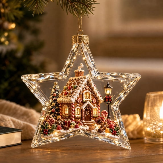 Cadancy Christmas Tree Ornaments Lighted Star Hanging Decorations Acrylic Festive Scene Inside Soft Warm LED Lighting Holiday Indoor Outdoor Party Home Decor Gift