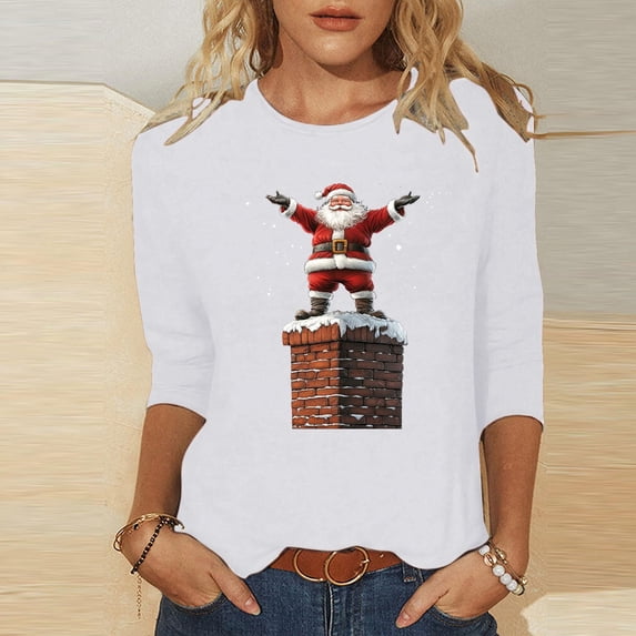 Cadancy Christmas Tshirts Women Party 3/4 Sleeve Plus Size Winter Tops Dressy Cute Santa Claus Holiday Blouses Casual Crewneck Vintage Xmas Funny Shirts
