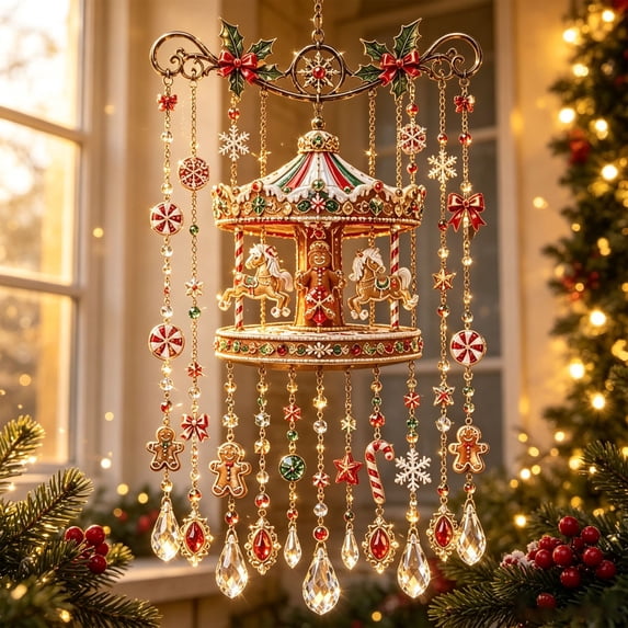 Clearance! Christmas Wind Chime Carousel with Gingerbread Figures Candy Cane Snowflake Crystal Drops for Holiday Indoor Outdoor Porch Home Decor Xmas Party Seasonal Hanging Ornament