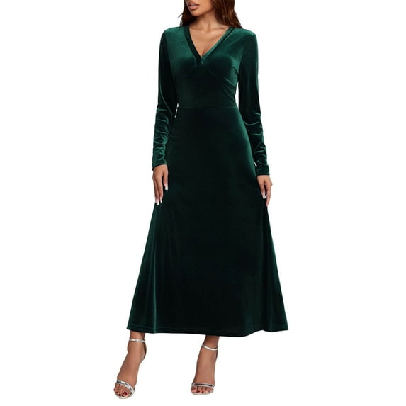 Cadancy Cocktail Dresses for Women Velvet V Neck Long Sleeve Fomal Maxi Dress A Line Flowy Fall Winter Trendy Wedding Party Prom Costumes