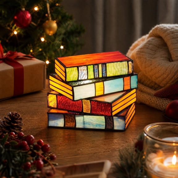 Cadancy Color Stack Book Lamp Stained Glass Tabletop Decoration Christmas Night Light Reading Nook Home Decor Library Study Festival Party Bedroom Living Area Gift Unique Accent Lighting