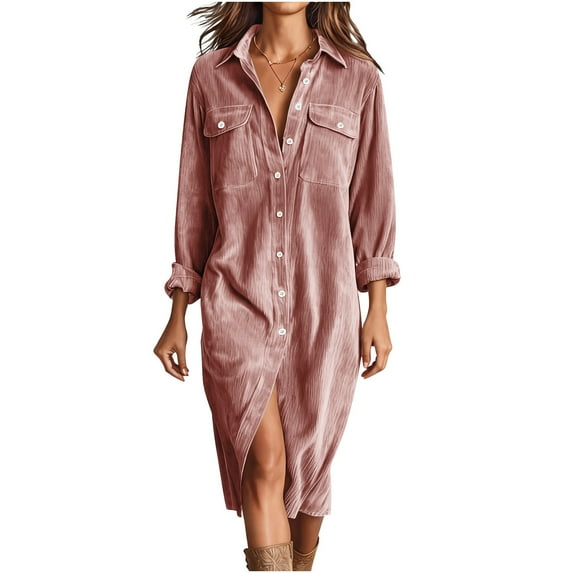 Cadancy Corduroy Dresses for Women Button Down Lapel Long Sleeve Maxi Shirt Dress with Pockets Dressy Casual Cozy Fall Winter Fashion Outfits