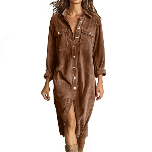 Cadancy Corduroy Dresses for Women Button Down Lapel Long Sleeve Maxi Shirt Dress with Pockets Dressy Casual Cozy Fall Winter Fashion Outfits
