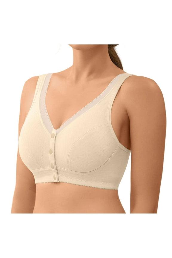 Cotton Front Closure Bra for Mature Women Breathable Supportive Bralette T-Shirt Underwire Comfort Daily Wireless Button-Down Bras Brasieres Para Mujer Beige M
