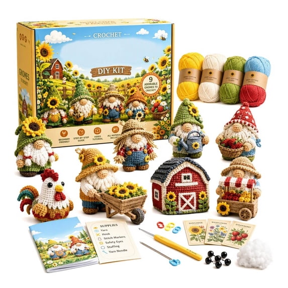 Cadancy Crochet Kit Gnomes 9 Piece Beginner DIY Amigurumi Tea Party Yarn Hook Pattern Guided Instruction Home Craft Gift for Adults Teens Supplies Holiday Christmas Stocking Stuffers