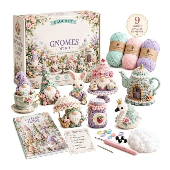 Cadancy Crochet Kit Gnomes 9 Piece Beginner DIY Amigurumi Tea Party Yarn Hook Pattern Guided Instruction Home Craft Gift for Adults Teens Supplies Holiday Christmas Stocking Stuffers