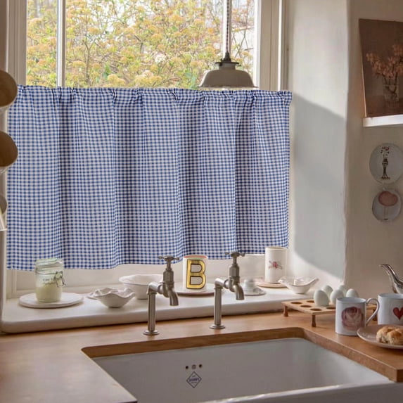 Cadancy Curtain Gingham Pattern Short Tier Fabric for Kitchen Cafe Doorway Window Rod Pocket Half Panel Privacy Panel Bedroom Bathroom Home Decor