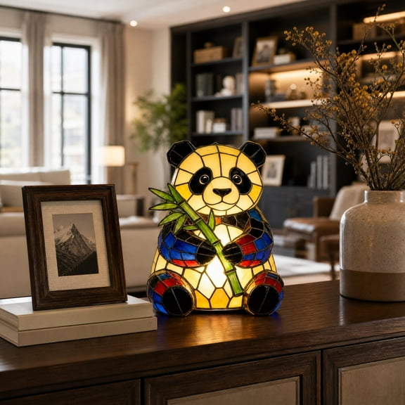 Cadancy Cute Panda Stained Glass Resin Night Light Vintage Style Soft Warm Desktop Lamp for Bedroom Nursery Living Room Bedside Home Decor Gift
