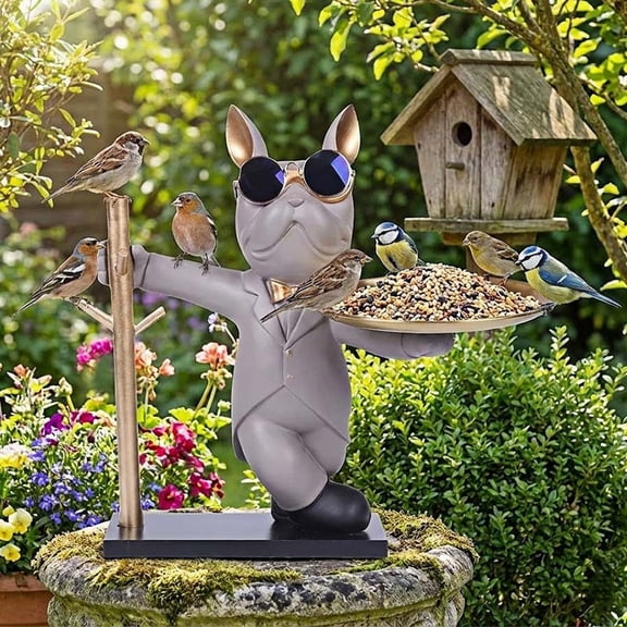 Cadancy Dog Bird Feeder Statue Outdoor Decor Frenchie Garden Sculpture Tray Resin Animal Figurine for Patio Lawn Yard Funnyornament Wild Bird Feeding Station
