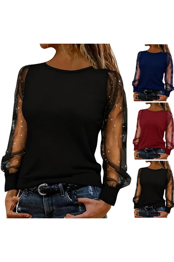 Dressy Tops for Women Mesh Long Sleeve Shimmer Glitter Crewneck Tunic Shirts Casual Elegant Night Out Party Sparkly Blouses