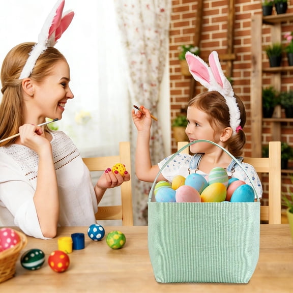 Cadancy Easter Basket Gingham Tote Bag Girls Kids Personalized Bunny Bucket Easter Egg Hunt Candy Pouch Holiday Gift Carry Bag(Green)