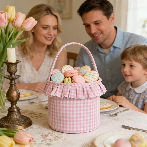 Cadancy Easter Basket Plaid Fabric Storage Bucket Ruffle Trim Candy Gift Baskets Outdoor Indoor Spring Home Garden Party Decoration(Pink)