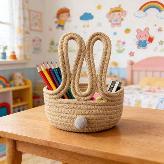Cadancy Easter Basket with Bunny Ears Handmade Storage Baskets Indoor Outdoor Spring Decor, Candy Snacks Gift Cute Festival Decoration(Beige)