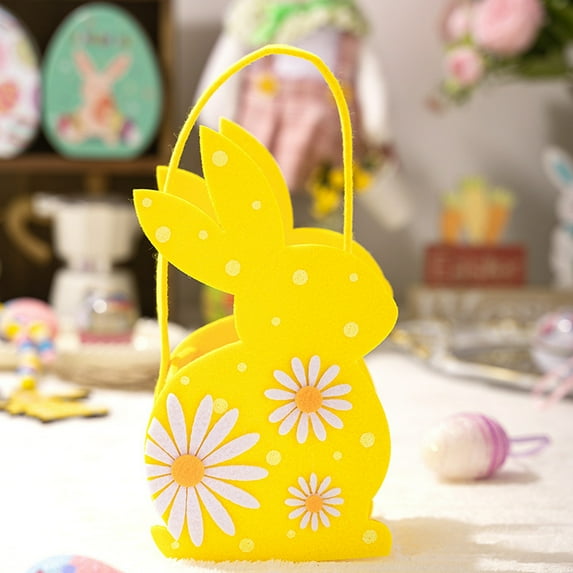 Cadancy Easter Baskets for Kids Felt Bunny Tote Bag Rabbit Egg Hunt Bucket Handle Reusable Candy Gift Holder Daisy Flower Pattern Spring Party Favors Supplies(Yellow)