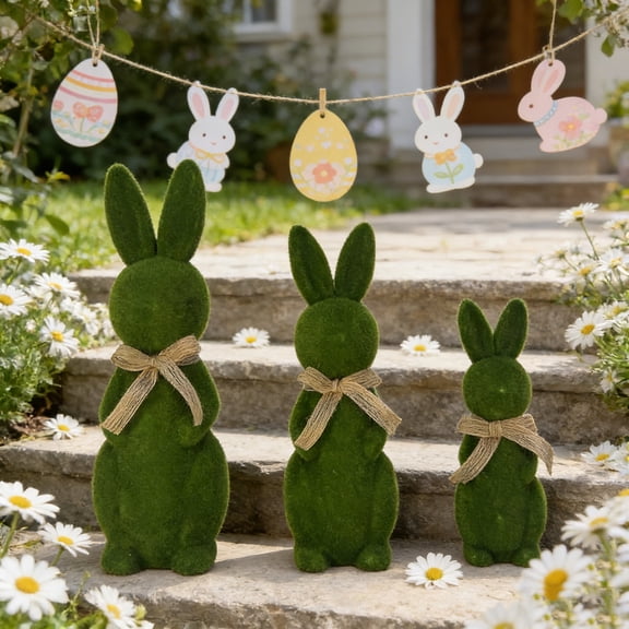 Cadancy Easter Bunny Figurines Set Flocked Rabbit Statues with Burlap Bow Outdoor Lawn Ornaments Spring Garden Decor for Porch Steps Patio Yard Home Decorations
