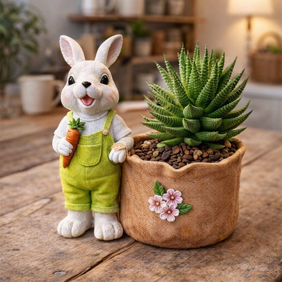 Cadancy Easter Bunny Planter Resin Rabbit Figurine Flower Pot Small Plants Container Basket Organizer Indoor Outdoor Garden Yard Spring Decoration