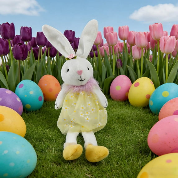 Cadancy Easter Bunny Stuffed Animal Plush Rabbit Toy with Dress Soft Doll Spring Home Decoration Kids Girls Gift Bedroom Holiday Shelf Sitter Ornament(Yellow)