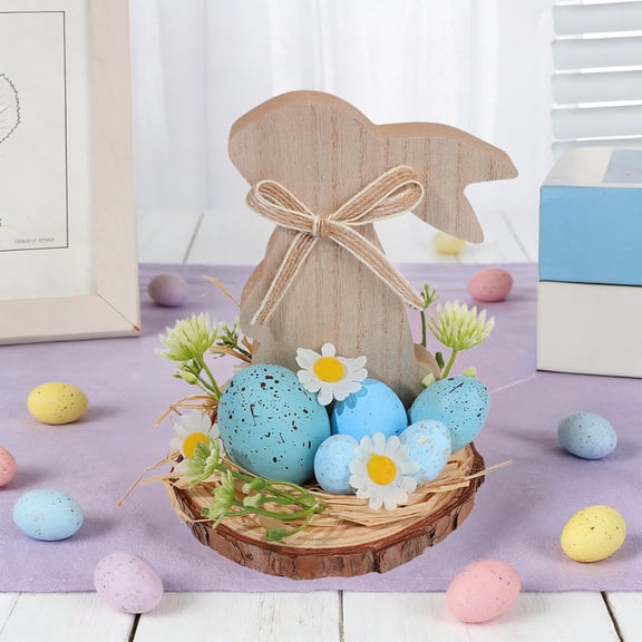 Cadancy Easter Bunny Wooden Decor with Daisy Flowers Eggs On Log Base, Farmhouse Bucolic Style Table Centerpiece Decorations Display Spring Home Decor(Blue)