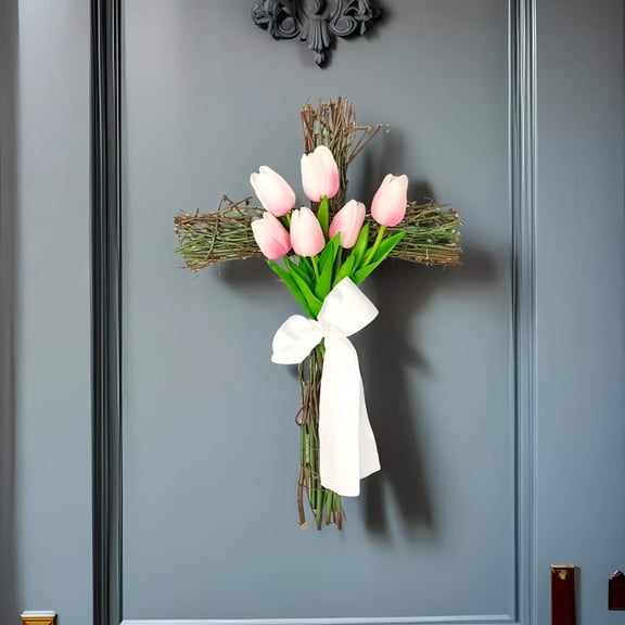 Cadancy Easter Cross Wreath for Front Door Artificial Tulip Flowers Vine Garland Religious Christian Wall Hanging Decoration Spring Home Decor Farmhouse Church Ornament