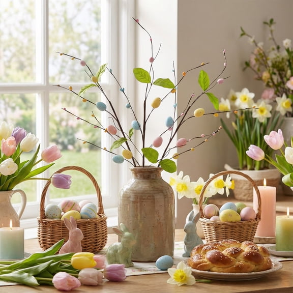 Cadancy Easter Decor Artificial Tree Branches SpeckLED Eggs Berry Floral Arrangement DIY Wreath Supplies Spring Centerpiece Vase Filler Home Kitchen Indoor Party Display(25.2In)