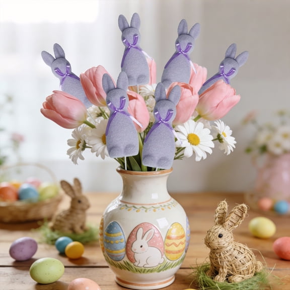 Cadancy Easter Decorations Artificial Flocked Bunny Picks Decorative Rabbit Figures with Ribbon for Home Table Centerpiece Spring Arrangement for Vase Holiday Party Decor