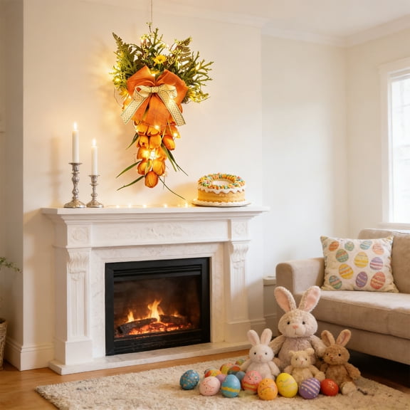 Cadancy Easter Decorations Carrot Swag with LED Lights Bow Greenery Wall Hanging Farmhouse Spring Decor for Mantel Fireplace Indoor Home Holiday Party Ornament