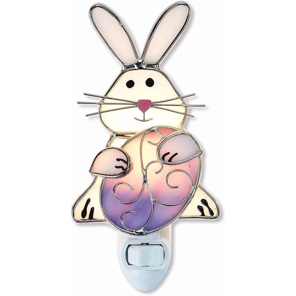 Cadancy Easter Decorations for Home Plug In Night Light Stained Glass Bunny with Egg Wall Lamp Holiday Ornament Bedroom Bathroom Hallway Lighting Gift(C)