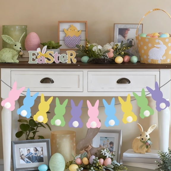 Cadancy Easter Decorations Rabbit Garland Bunting Paper Bunny Banner with Pom Pom Tails Hanging Sign for Spring Home Decor Mantel Fireplace Wall Party Background Prop(A)