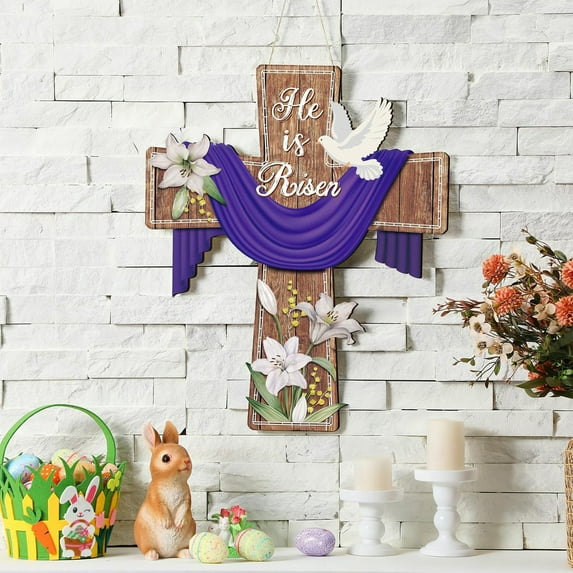 Cadancy Easter Decorations He Is Risen Wooden Cross Wreath Purple Drape Floral Religious Christian Wall Hanging Art Front Door Porch Spring Home Decor