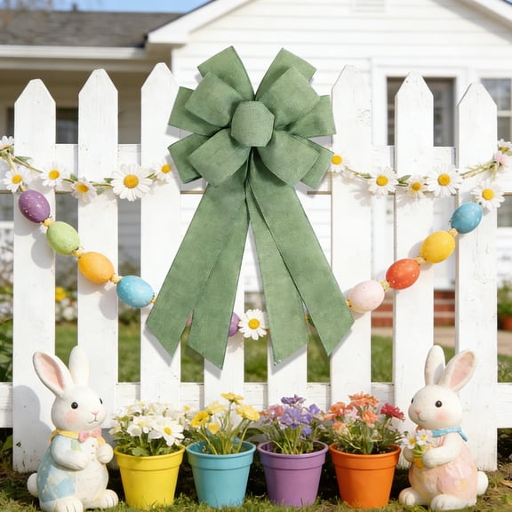 Cadancy Easter Decorations Spring Wreath Bow Outdoor Garden Decor Large 10-Loop Burlap Ribbon Bow for Front Door Porch Fence Tree Holiday Party Home Decorations