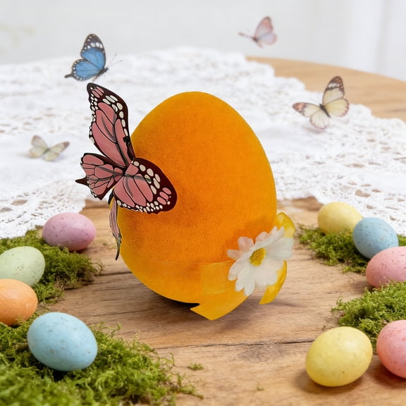 Cadancy Easter Egg Ornaments Large Flocked Eggs with Butterfly Flower Accent Spring Holiday Table Centerpiece Decorations Home Party Decor Gift