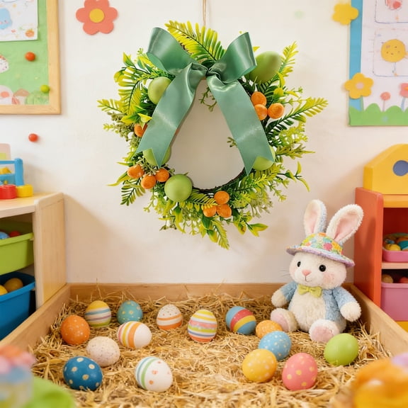 Cadancy Easter Egg Wreath Flocked Eggs and Large Bow Knot Artificial Greenery Garland Front Door Wall Hanging Ornament Spring Party Home Decor