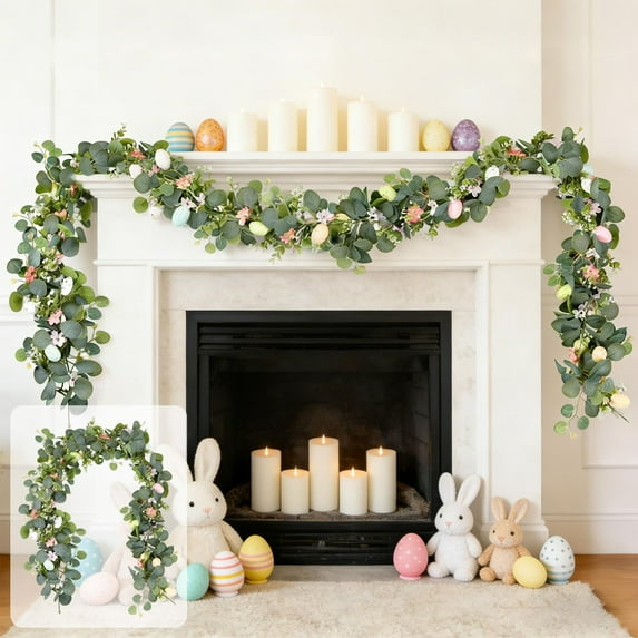 Cadancy Easter Garland Decorations for Stairs Mantel Dining Room Tabletop Artificial Eucalyptus Vine with Eggs Flowers Indoor Outdoor Spring Home Decor (68.9 Inch)