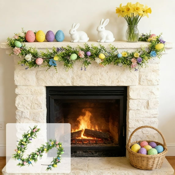 Cadancy Easter Mantel Garland with Flowers, Eggs & Greenery, Artificial Spring Vine for Fireplace, Wall, Table, Party, Home Decor, Reusable Holiday Decoration(70.87in)
