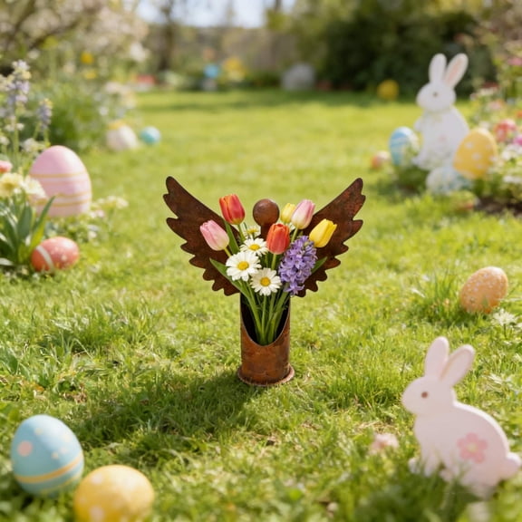 Cadancy Easter Rustic Metal Angel Planter Pot with Tall Ears, Vintage Flower Vase Holder, Spring Holiday Garden Yard Porch Decoration Indoor Outdoor Decor Home Gift