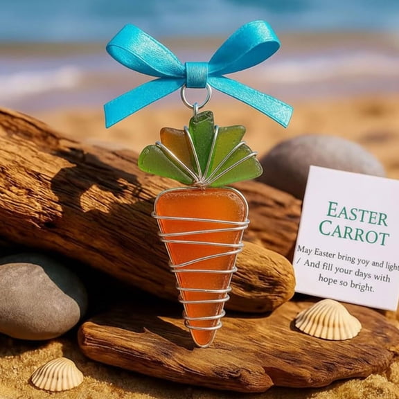 Cadancy Easter Sea Glass Ornaments Carrot Shaped Stained Glass Window Favor Gift Hanging Decorations with Ribbon for Spring Tree Beach Themed Holiday party Home Decor