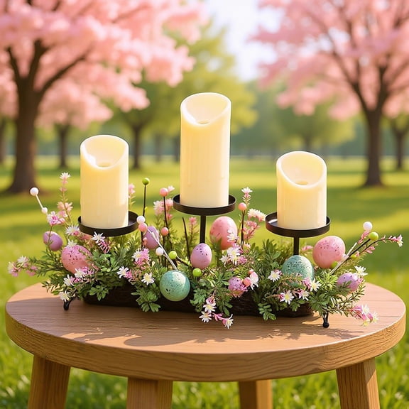 Cadancy Easter Table Centerpiece Candle Holder with Eggs Flowers Greenery Dining Room Decoration Spring Tabletop Arrangement for Kitchen Party Holiday Gathering Home Decor